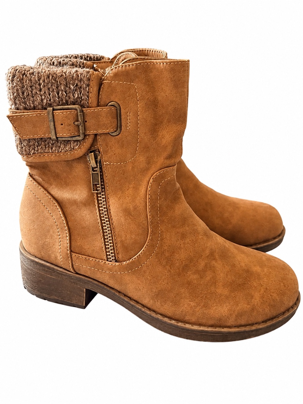 Women's Tan Knit-Cuff Ankle Boots - Brand